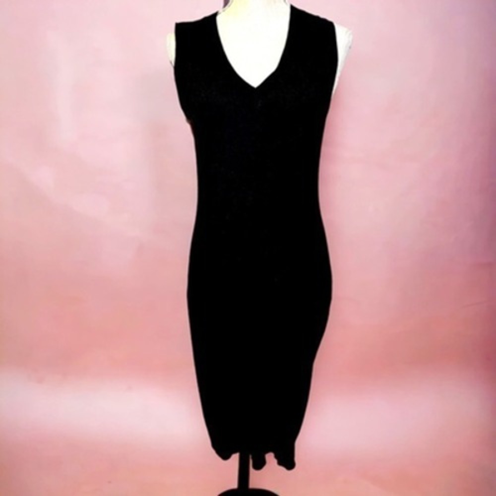 Lauren Ralph Lauren Sweater Dress SZ M Black VTGE Ribbed V-Neck Cashmere Blend
